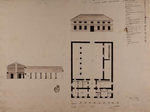 Planta baja, alzado de la fachada principal y sección de un casa cortijo para labranza