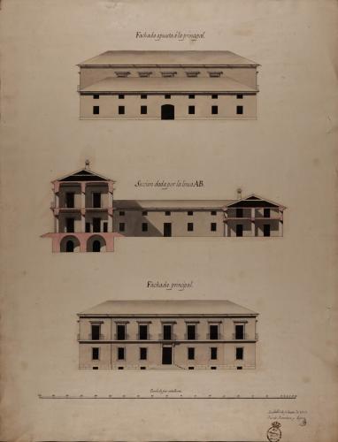 Alzado de las fachadas principal y posterior, y sección AB de una casa de recreo y otra de labor que se puede construir en el término de Lucena (Córdoba), partido de Campoderas, en el sitio propio del Duque de Medinaceli y de Santisteban