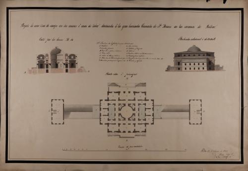 Planta principal, alzado de la fachada lateral y sección AB de una casa de campo con dos caseríos o casas de labor destinada a la gran hacienda llamada San Mamés, en las cercanías de Bilbao