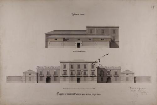 Alzado de las fachadas principal y lateral de una casa de campo para un rico propietario