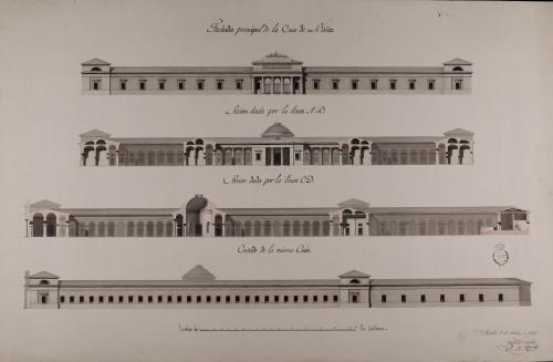 Alzado de las fachadas principal y lateral; secciones AB y CD de una casa de baños públicos de aguas minerales