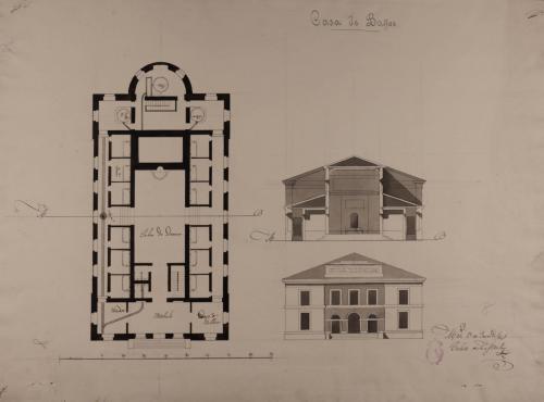 Planta, alzado de la fachada principal y sección de una casa de baños con departamento para 12 personas a un tiempo