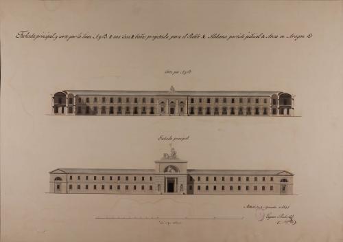 Alzado de la fachada principal y sección AB de una casa de baños para el pueblo de Alhama, partido judicial de Ateca, provincia de Zaragoza