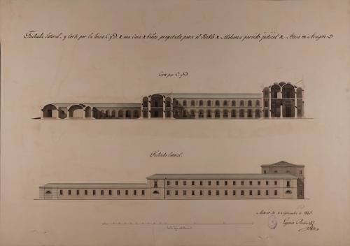 Alzado de la fachada lateral y sección CD  de una casa de baños para el pueblo de Alhama, partido judicial de Ateca, provincia de Zaragoza