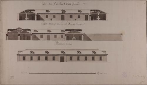 Alzado de la fachada principal y las secciones AB y CD de un venta donde pueden refugiarse arrieros