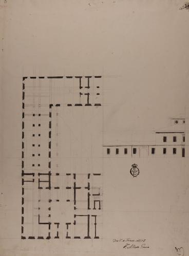 Mitad de la planta y del alzado de la fachada principal de un parador y casa de postas