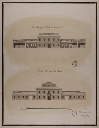 Alzado de la fachada principal y sección CD de un parador y casa de postas