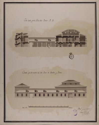 Alzado de la fachada lateral y sección AB  de un parador y casa de postas