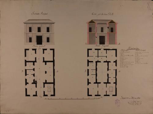 Plantas baja y principal, alzado de la fachada principal y sección AB de una casa de postas