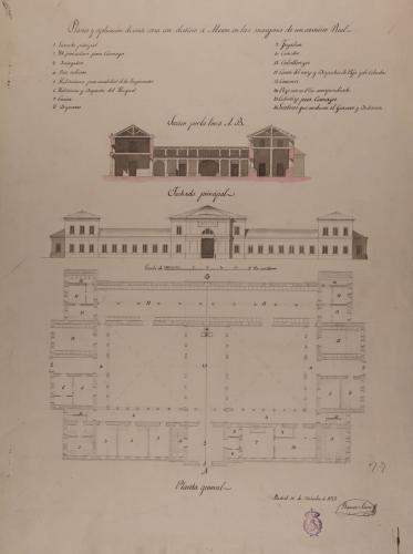 Planta general, alzado de la fachada principal y sección AB de un mesón, en los márgenes de un camino real