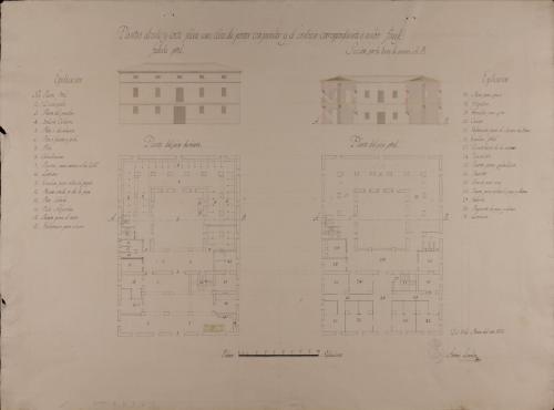 Plantas baja y principal, alzado de la fachada 3 principal y sección AB de una casa de postas con parador y el servicio correspondiente a ambos fines