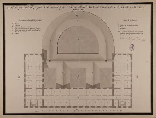 Planta principal de una posada para la villa de Albacete, allí donde concurren los caminos de Alicante y Murcia