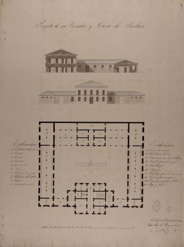 Planta, alzado de la fachada principal y sección longitudinal de un parador y casa de postas