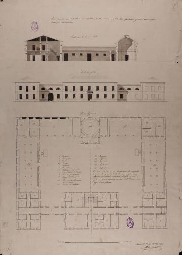 Planta baja, alzado de la fachada principal y sección AB de una casa posada en despoblado, con capilla