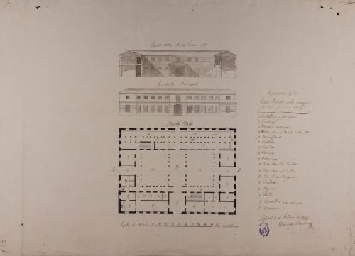 Planta baja, alzado de la fachada principal y sección AB de un parador en el margen de un camino real