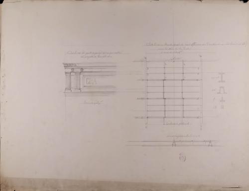 Detalle de la parte superior del cuerpo central de la fachada principal y de un trozo de suelo de hierro de una gran casa fonda para una capital de primer orden de las salas