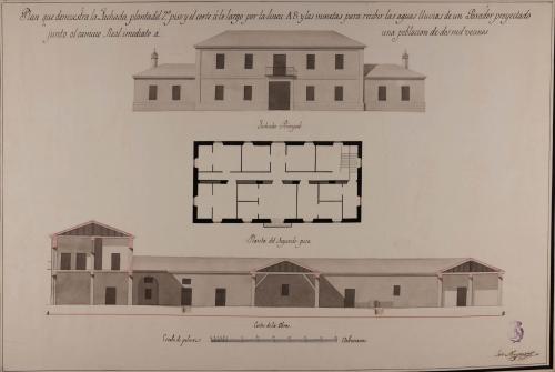 Planta segunda, alzado de la fachada principal y sección AB de un parador junto al camino real inmediato a una población de dos mil vecinos