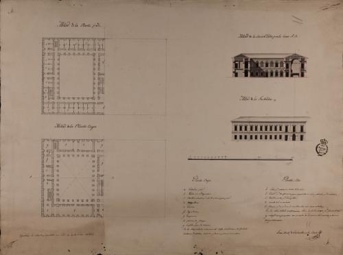 Mitad de las plantas baja, principal y del alzado de la fachada principal, y la sección AB de una fonda