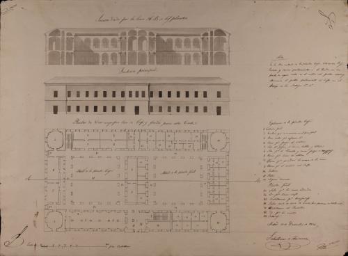 Mitad de las plantas baja y principal, alzado de la fachada principal y sección AB de una casa de café fonda para esta Corte