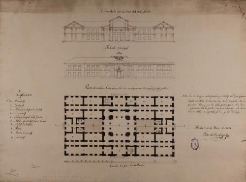 Planta, alzado de la fachada principal y sección AB de una casa fonda con alojamiento de huéspedes y café público para la Corte