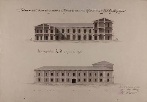 Alzado de la fachada lateral y sección CD de una casa de parada de diligencias con destino a una capital, con servicio de café, fonda y hospedería