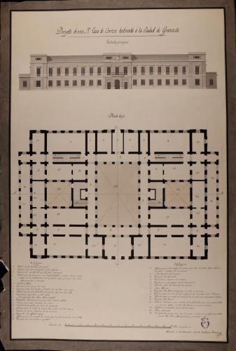 Planta baja y alzado de la fachada principal de una casa de correos destinada a la ciudad de Granada