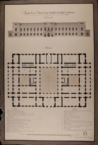 Planta baja y alzado de la fachada principal de una casa de correos destinada a la ciudad de Granada