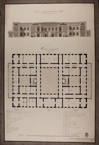 Planta principal y sección AB de una casa de correos destinada a la ciudad de Granada