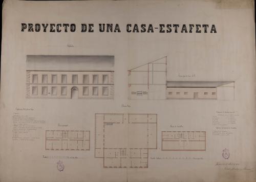 Plantas baja, principal y de buhardillas; alzado de la fachada principal y sección AB de una casa de correos para una villa de 2000 vecinos