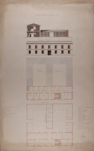 Planta baja y principal, alzado de la fachada principal y sección AB de un herradero para toda clase de ganados