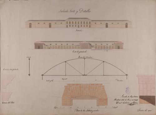 Alzado de la fachada principal y sección longitudinal; alzado y sección de costado de la armadura; alzado y sección del arco de las galerías con su cimbra, y perfiles de las cornisas de la fachada y del patio de un esquiladero para 60000 ovejas