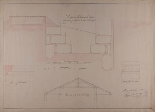 Sección CD con la disposición de los toneles en la bodega y detalles de la armadura de cubiertas, cornisas e impostas de un cocedero de vino con bodega, para la fabricación y venta de una cosecha de 40000 arrobas