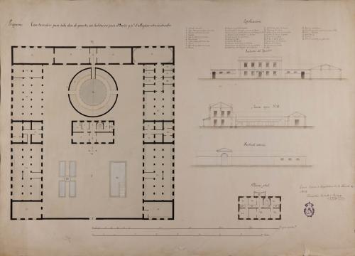 Planta general y principal de la vivienda, alzado de la fachada exterior y de apeadero, y sección AB de una casa herradero para toda clase de ganados, con habitación para el dueño