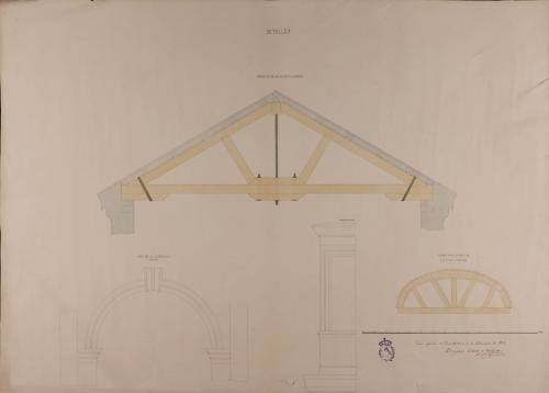 Detalle de la armadura de la crujía posterior, de la cimbra para los arcos de las naves laterales, del arco de la puerta de entrada y de la ventana balcón de una casa herradero para toda clase de ganados, con habitación para el dueño