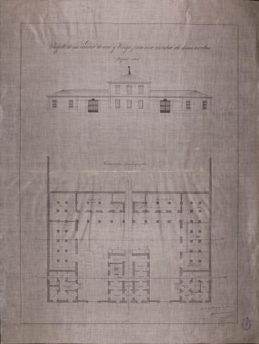 Planta baja y alzado de la fachada principal de un cocedero de vino y bodega para una cosecha de 40.000 arrobas, con habitación para el dueño