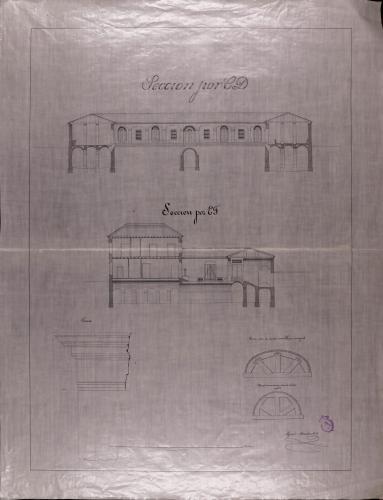 Secciones CD y EF y detalles de los camones y las cornisas de un cocedero de vino y bodega para una cosecha de 40.000 arrobas, con habitación para el dueño