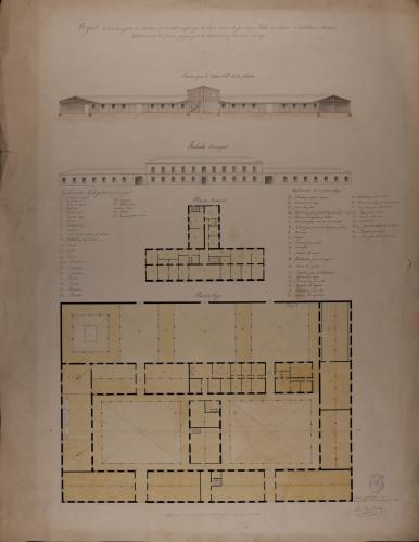 Plantas baja y principal, alzado de la fachada principal y sección AB de un casa de un cosechero para la elaboración, conservación y venta al por mayor de 100 fanegas de olivar