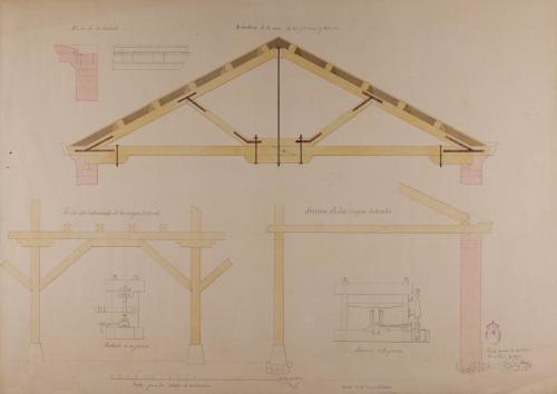 Detalles constructivos de la armadura de la nave, de la crujía lateral y el alero de la fachada; alzado y sección de la prensa hidráulica de un casa de un cosechero para la elaboración, conservación y venta al por mayor de 100 fanegas de olivar