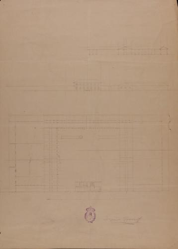 Planta, alzado de la fachada principal y sección  de una casa para cría de ganado, cerda y aves. Fábrica de manteca y queso, y cebadero de cerdos