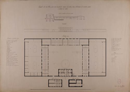 Planta de sótanos, baja y principal; alzado de la fachada principal y sección AB de una casa para cría de ganado, cerda y aves y fábrica de manteca y queso, y cebadero de cerdos