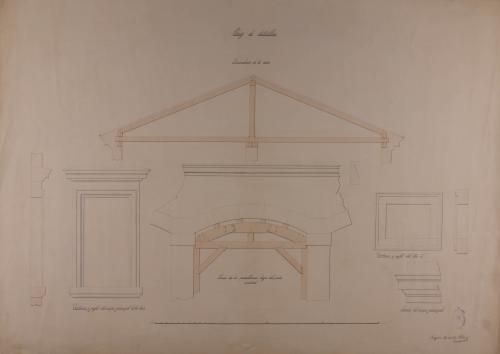 Detalles de la armadura, del arco de los 16 pabellones bajos del patio central, de las ventanas y cornisas de una casa para cría de ganado, cerda y aves y Fábrica de manteca y queso, y cebadero de cerdos