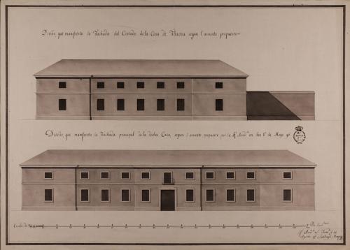 Alzado de las fachadas principal y lateral de un tahona para el uso de esta Corte
