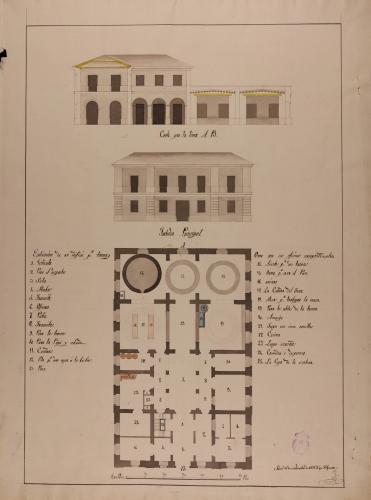 Planta, alzado de la fachada principal y sección AB de una casa tahona para una población de tres mil vecinos