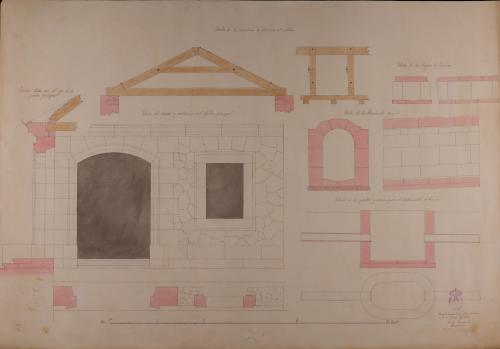 Detalle de las armaduras, el despiece y construcción de la fachada principal, las atarjeas de limpieza, etc de ucarnicería y pescadería para un pueblo de 300 vecinosna 