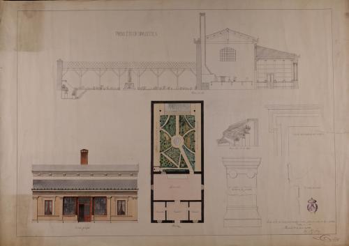 Planta, alzado de la fachada principal, sección AB, perspectiva de la estufa y detalles de las pilastras, las molduras de las ventanas y el alero de una botica