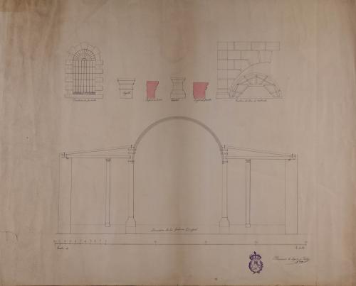 Detalle de la armadura de la galería principal, del capitel y pedestal, la ventana de la fachada, la cimbra del arco de entrada y los perfiles de la cornisa y el frontón de una pescadería y carnicería 