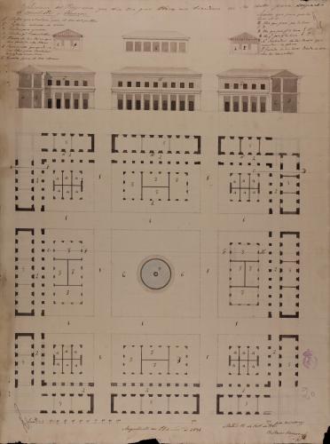 Planta, alzado de una de las fachadas que dan al exterior e interior del patio y las secciones AB-CD- EF-GI de una gran plaza con tiendas, con destino al despacho de comestibles y géneros