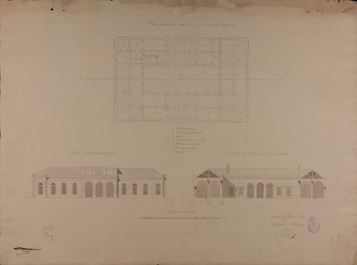 Planta, alzado de la fachada principal y sección de un peso real para la venta de comestibles