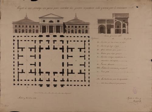 Planta, alzado de la fachada principal y sección AB de una alhóndiga con piezas para custodiar los géneros respectivos a ella y demás para la contratación