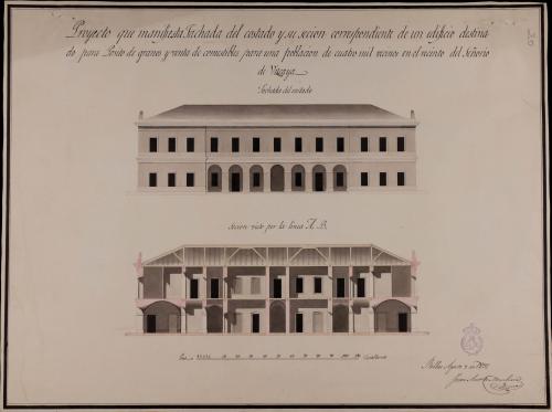 Alzado de la fachada lateral y sección AB de un edificio destinado para pósito de granos y venta de comestibles, de una población de cuatro mil vecinos en el Señorío de Vizcaya